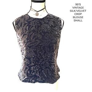 90'S VTG. SILK VELVET OPEN BACK FLORAL TOP SMALL
